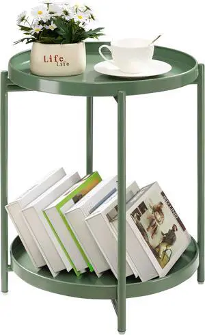 TeoKJ 2 Tier Green Side Table, Folding Round Metal End Table Small Nightstand with Two Removable Tray for Bedroom Living Room Bedside Small Spaces Dark Green