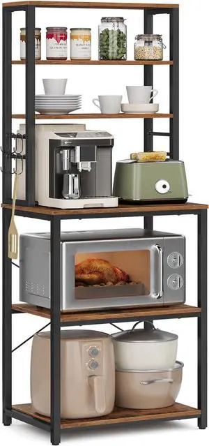 VASAGLE Coffee Bar, Bakers Rack for Kitchen with Storage, 6-Tier Kitchen Shelves with 6 Hooks, Microwave Stand, Industrial, 15.7 x 23.6 x 65.7 Inches, Rustic Brown and Black UKKS024B01