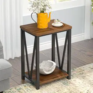 FOLUBAN Small End Table, Rustic Wood and Metal Side Table with Storage, Modern Night Stand for Living Room Bedroom Office, Walnut