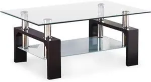 Rectangle Glass Top Coffee Table - Modern Center Table with Shelf & Wood Legs Suit for Living Room (Walnut)