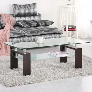 Rectangle Glass Coffee Table-Walnut Modern Side Coffee Table with Lower Shelf, Metal Legs-Suit for Living Room