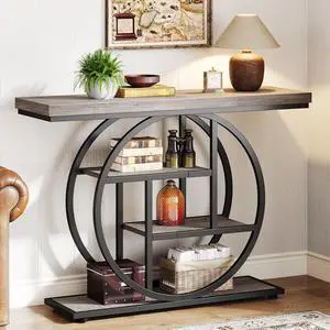 Tribesigns 41.3" Console Table, Industrial 4-Tier Sofa Table Entryway Table with Circle Base, Narrow Wood Accent Tables with Storage Shelves for Living Room, Hallway, Foyer, Gray