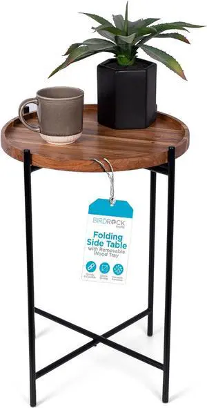BIRDROCK HOME Folding Side Table with Removable Wood Tray - Modern Accent, Foldable End Table for Living Room, Bedroom - Portable Serving Tray for Decoration, Coffee, Drinks & Food - Natural Acacia
