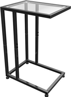 Simple Trending Tempered Glass C Shaped End Table, TV Tray Side Table for Couch, Black