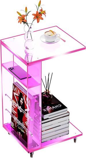Clear Acrylic Side Table on Lockable Wheels, C Shaped End Table for Sofa, Small Coffee Tables for Small Spaces (Pink)