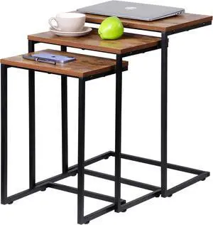 SUPER DEAL Nesting Side Tables Set of 3 Industrial C Shaped End Table Set Stackable Coffee Table Heavy Duty Metal Frame for Small Space, Living Room, Bedroom, Tray for Laptop Coffee Snack