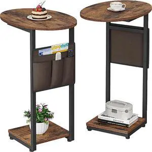 Vagusicc C Shaped End Table for Couch, Small Side Table for Couch, Small Couch Side Table for Small Spaces, Side Table Slide Under Sofa Table TV Tray with Metal Frame for Living Room, Bedroom (Brown)