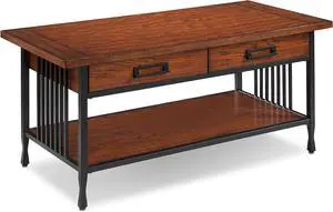Leick Home 11204 Ironcraft Two Drawer Rustic Coffee Table with Shelf, Mission Oak and Black