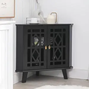 Scurrty Corner Shelf Stand, Small Corner Table Sideboard Cabinet with 2 Doors and 2-Tier Shelves, Free-Standing Corner Storage Organizer for Living Room, Dining Room & Bathroom(Black)