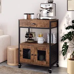 Catrimown Coffee Cart with Storage, Coffee Cart Station, Coffee Bar Cart on Wheels, Small Microwave Cart with Drawer for Kitchen, Living Room, Rustic Brown