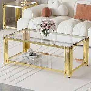 Gold Glass Coffee Table Modern Living Room Table Luxury Stainless Steel Metal Leg Rectangular Clear Tempered Glass Center Table for Home Office (Gold, 43" Coffee Table)