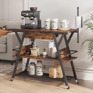 Bestier Coffee Bar Station, Kitchen Island Cart with Storage, Coffee Cart with Drawer, Paper Towel Holder and Lockable Wheels, Bar Table for Dinning Room Living Room, Rustic