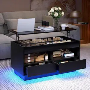 HOMMPA 40'' LED Coffee Table Morden with High Gloss Black Lift Top Dining Table with Hidden Storage Living Room 4 Tiers Tea Table Center Tables Hidden Compartment & 2 Open Shelve & 2 Drawers