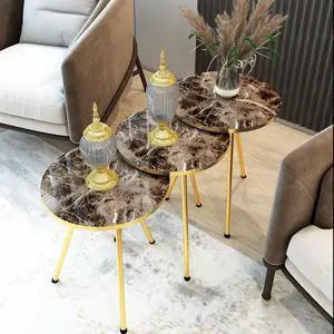 Set of 3 Nesting END Tables - Round Stacking Coffee Side Tables for Small Spaces, Nightstand Bedside Table for Living Room, Bedroom, Living Room, Balcony, NO-TOOLS ASSEMBLY (Brown Marble/Gold)