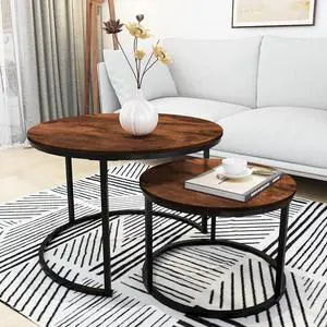 HOMERECOMMEND Round Coffee Table Set of 2 Modern Nesting Side End Table for Living Room,Round Wooden Coffee Table with Solid Powder-Coated Metal Frame, Rustic Brown/Black