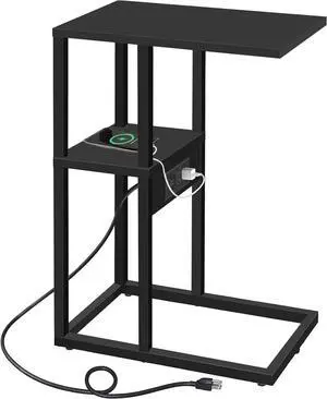 TUTOTAK C-Shaped Side Table, C Table End Table with Charging Station, Sofa Couch Table for Small Spaces, Couch Side Table for Livingroom, Bedroom, Black TB01BK043