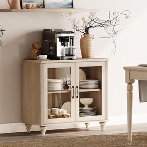 WAMPAT Buffet Cabinet with Glass Doors, Coffee Bar Tables Wood Kitchen Storage Cabinets with Storage Cabinets & Adjustable Shelf, Modern Farmhouse Sideboard Credenza for Dining Room, Beige, 34 inch