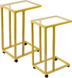Fixwal C-Shaped End Table Set of 2, Tempered Glass Couch Table Snack Side Table with Metal Frame, TV Tray Table for Living Bedroom Coffee Snack Laptop Sofa Couch and Bed, Gold