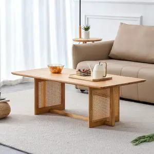 Modern Imitation Rattan Coffee Table Rectangular Solid Wood Table Top Cross Table Legs for Living Room Bedroom Office,A-natural Wood,47.24''L×23.63''W×16.93''H