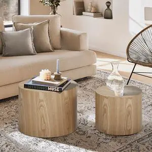 WILLIAMSPACE Nesting Coffee Table Set of 2, Round Wooden Coffee Tables Modern Circle Table for Small Space Living Room Bedroom Accent End Side Table (Wooden Color-Round)