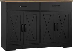 HOSTACK Coffee Bar Cabinet, 47.2" Buffet Cabinet with Storage, Modern Farmhouse Kitchen Buffet Sideboard with Drawers and Shelves, Barn Doors Storage Cabinet for Living Room, Black/Rustic Brown