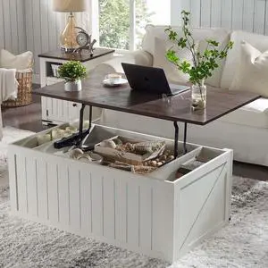 48" Lift Top Coffee Table, Farmhouse Cocktai with Sliding Groove Barn Door, Rustic Wood Center Table w/Double Storage Spaces for Living Room, White