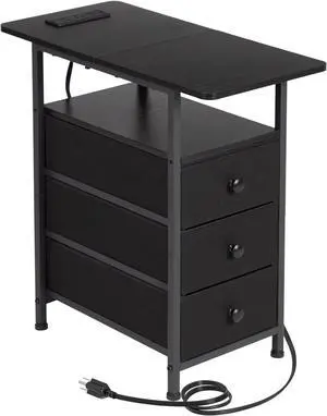 AMHANCIBLE Narrow Side Table with Charging Station, Slim End Table with USB Ports and Outlets, Nightstand with 3 Fabric Drawers for Bedroom, Living Room, Small Space, Black, HETN013BK-1