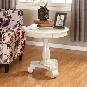 Roundhill Furniture Rene Round Wood Pedestal Side Table, Antique White