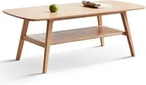 Wood Coffee Table - 2-Tier Oak Coffee Table - Modern Center Coffee Table with Storage Shelf for Living Room, Apartment, and Office