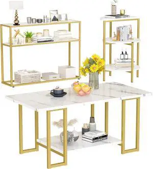 Lamerge Living Room Table Set of 3,Faux Marble Coffee Table & 3-Tier Side Table & Console Tables,Modern Table Set with Gold Metal Frame, White &Gold, Rectangle with Console (LLRT-WG)