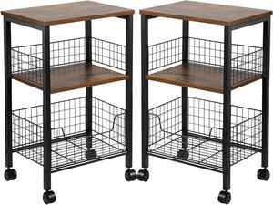 Hadulcet End Table Set of 2, 3-Tier Side Table with Storage Basket, Industrial Style Side End Table for Living Room Bedroom Kitchen Bathroom, Rustic Brown