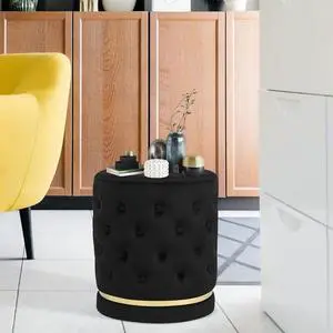 Homebeez 15.7" Round Velvet Ottoman Footrest, Pre-Assembled Multi-Function Vanity Stool, Button Tufted Accent Coffee Table, Black
