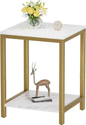 SAYGOER White Faux Marble End Tables Small Side Table with Storage Wood Night Stand Gold Metal Frames 2 Tier Bedside Table with Adjustable Feet, 1PCS, White Gold
