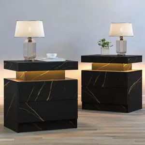 LED Nightstands Set of 2, Modern End Table with 2 Drawers, End Tables for Living Room Bedroom Black
