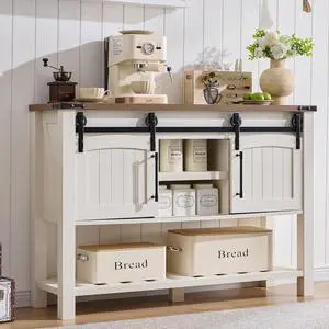 OKD Farmhouse Entryway Table with Sliding Arch Doors, 46" Rustic Console Table with Adjustable Shelf & Open Shelf Space, Wood Sofa Table for Living Room, Entryway, Hallway, Antique White