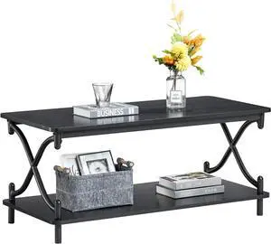 VECELO 39-Inch Coffee Table with Storage and Open Shelves for Living Dining Room, Modern Rectangle & Industrial Design, X-Shape Frame, Black