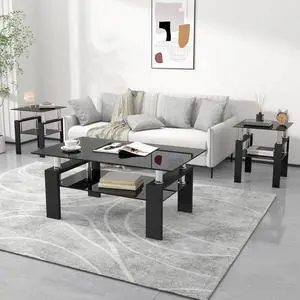 Glass Side Table 2-Tier Modern Glass Top Corner Table Living Room Side Table with Metal Leg for Living Room, Dining Room, Bedroom (Black, Coffee Table + 2 end Tables)