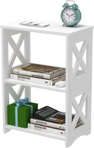 LUCKNOCK 3-Tiers Side Table, Narrow End Table with Storage Shelf, Simple Bedside Table Nightstand, Small Bookshelf Bookcase, Display Rack for Bathroom, Bedroom, Living Room and Office, White