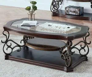 2-Tier Brown Vintage Wooden Coffee Table for Living Room Retro Glass Tea Table Top Carved Flower Shaped Table Legs Small Space Apartment Office