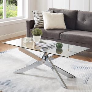Rectangle Modern Coffee Table, Tempered Glass Top and Metal Tubular Leg, 47.3Lx23.6Wx18.1H, Silver
