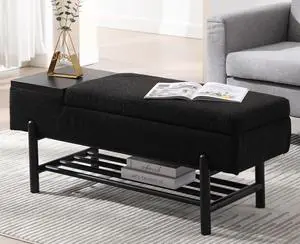 CIMOTA Entryway Storage Bench for Bedroom Sherpa End of Bed Upholstered Ottoman Bench with Wood Shoe Storage/Coffee Table for Living Room/Hallway/Under Window, Fur Black