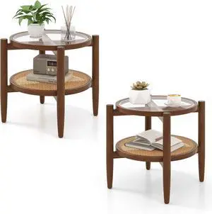 Giantex Rattan Round End Table Set of 2, Walnut Boho Nightstand with Tempered Glass Top and Acacia Wood Legs, 2-Tier Side Table with Storage, Bedside Tables for Small Spaces Living Room Bedroom