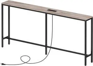 Skinny Console Table with Power Outlets, 63" Narrow Sofa Table, Behind Couch Table with Charging Station, Sofa Hallway Table for Plants, Living Room CTHG165E01
