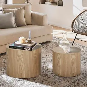 kevinplus Wood Side Table Round Small Coffee Tables Nesting End Table Set of 2 for Living Room Bedroom Office, No Assembling (Oak/Walnut - Round)