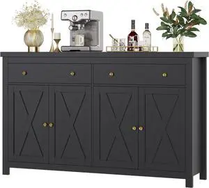 FOTOSOK Sideboard Buffet Cabinet with Storage, 55" Large Kitchen Storage Cabinet with 2 Drawers and 4 Doors, Wood Coffee Bar Cabinet Buffet Table Console Cabinet for Kitchen Dining Room, Black