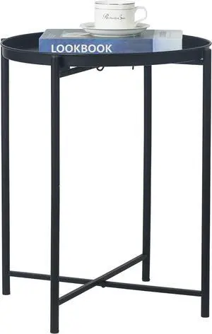 Joveco Small Round End Table, Folding Metal Side Table with Removable Tray, Modern Accent Coffee Table Sofa Table Nightstand for Living Room Bedroom Office, Black