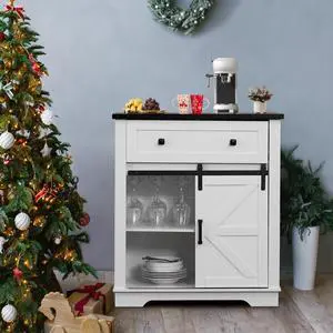 Buffet Cabinet with Storage, Farmhouse Rustic Sideboard with Drawer, with Wine Glass Rack, Coffee Bar Console Table with Barn Door for Kitchen, Home, Dining Room, Entryway, White Buffet Cabinet with Storage, Farmhouse Rustic Sideboard with Drawer, with Wine Glass Rack, Coffee Bar Console Table with Barn Door for Kitchen, Home, Dining Room, Entryway, White