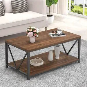FOLUBAN Coffee Table, Modern Center Table with Storage Shelf, Rustic Wood and Metal Cocktail Table for Living Room, 39.3 Inch Walnut FOLUBAN Coffee Table, Modern Center Table with Storage Shelf, Rustic Wood and Metal Cocktail Table for Living Room, 39.3 Inch Walnut