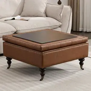 Large Square Storage Ottoman Uphlostered Tufted Button Coffee Table, Oversized Footrest Bench with Castered Rolling Wheels for Living Room, Brown Faux Leather