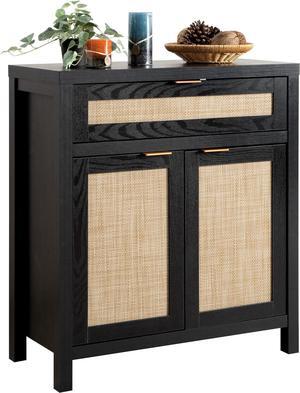SICOTAS Sideboard Buffet Storage Cabinet, Rattan Accent Cabinet with Doors and Drawer, Modern Credenzas Buffet Table Console Coffee Bar Cabinet for Entryway Living Room, Black